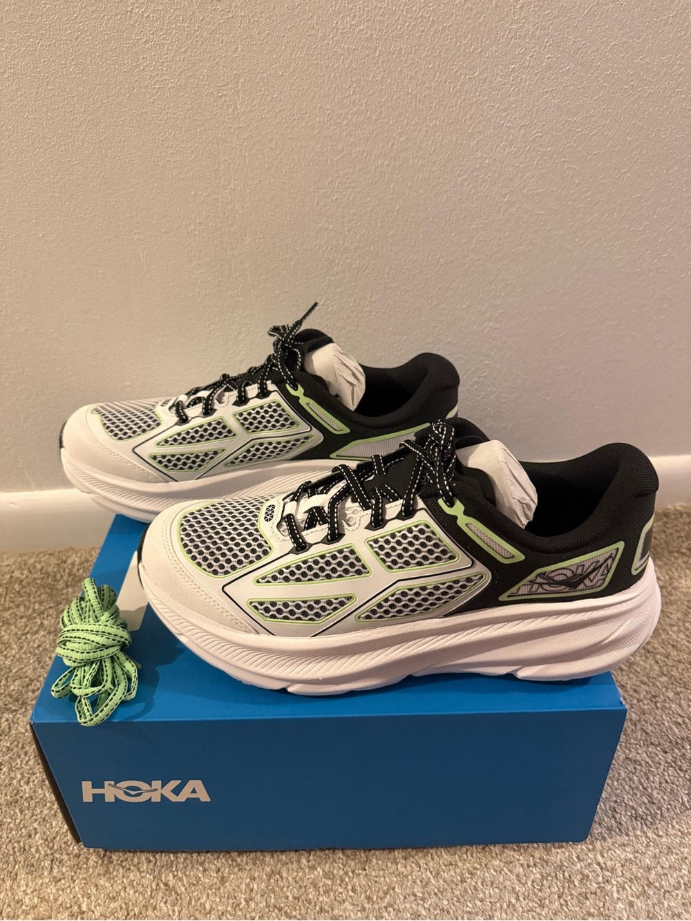 HOKA Men’s' White & Lime Lightweight Running Shoes